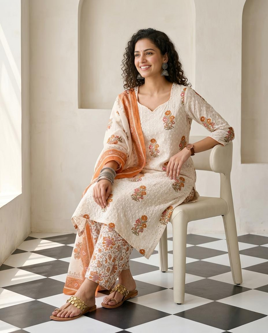 Premium Cotton Linen Unstitched Suit Set with Schiffli Embroidery and Mirror Work