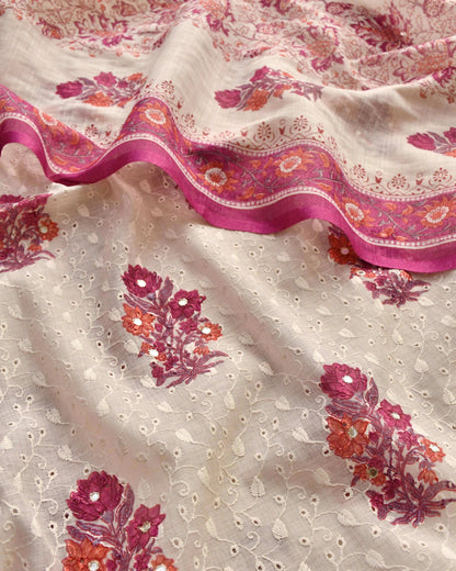 Premium Cotton Linen Unstitched Suit Set with Schiffli Embroidery and Mirror Work