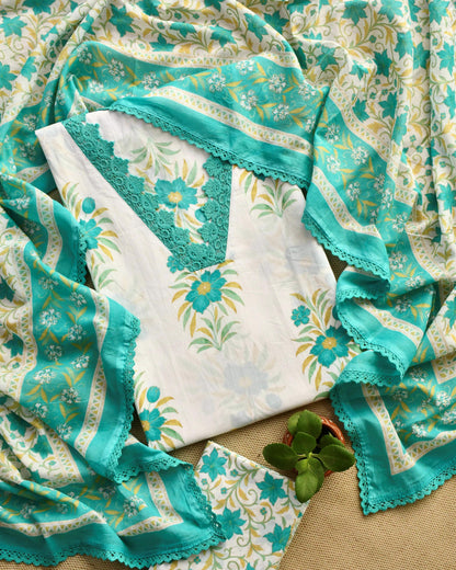 Hand-Block Premium Cotton Unstitched Suit Set with Intricate Crochet Lacework