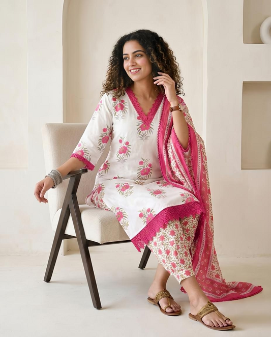 Hand-Block Premium Cotton Unstitched Suit Set with Intricate Crochet Lacework