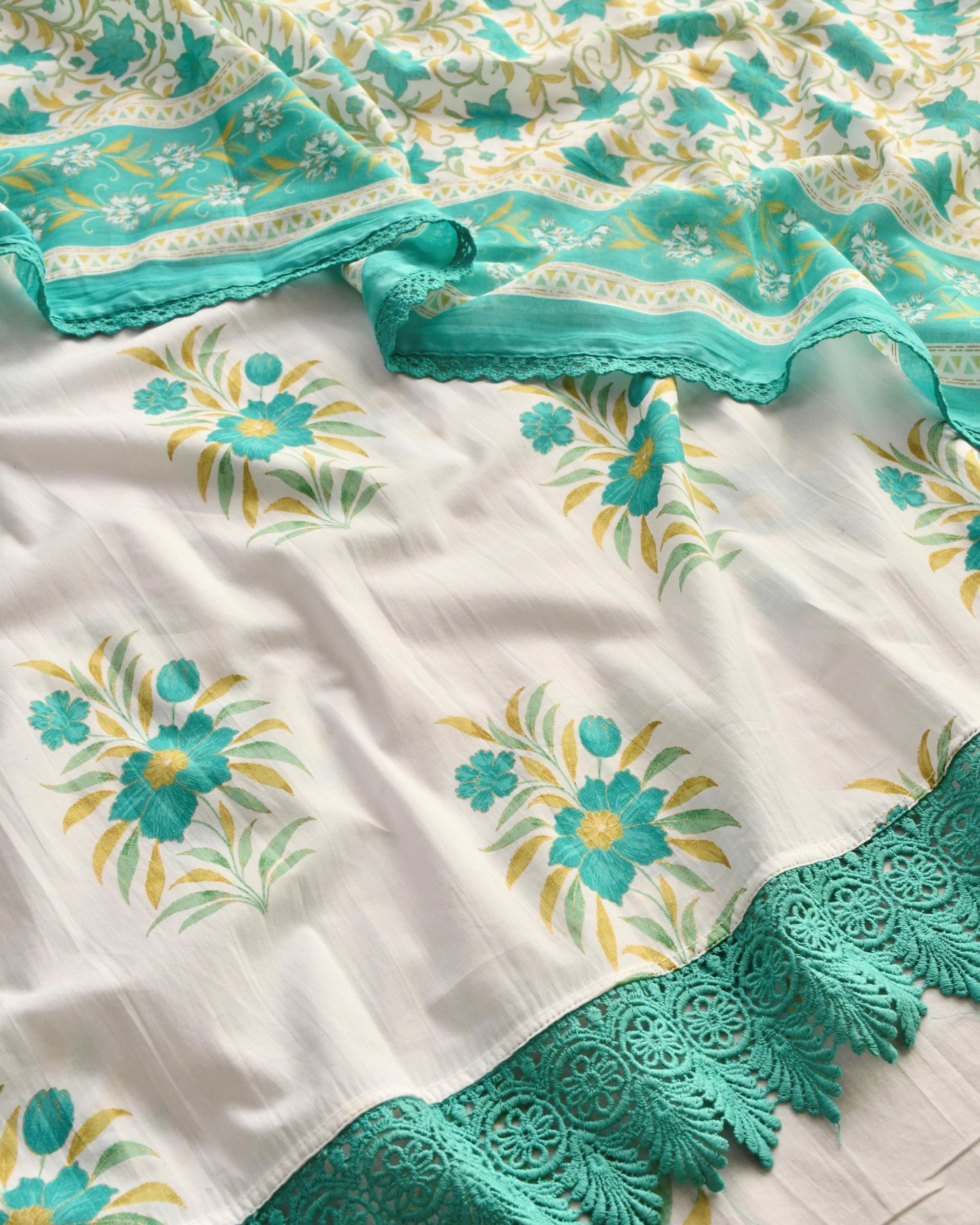 Hand-Block Premium Cotton Unstitched Suit Set with Intricate Crochet Lacework