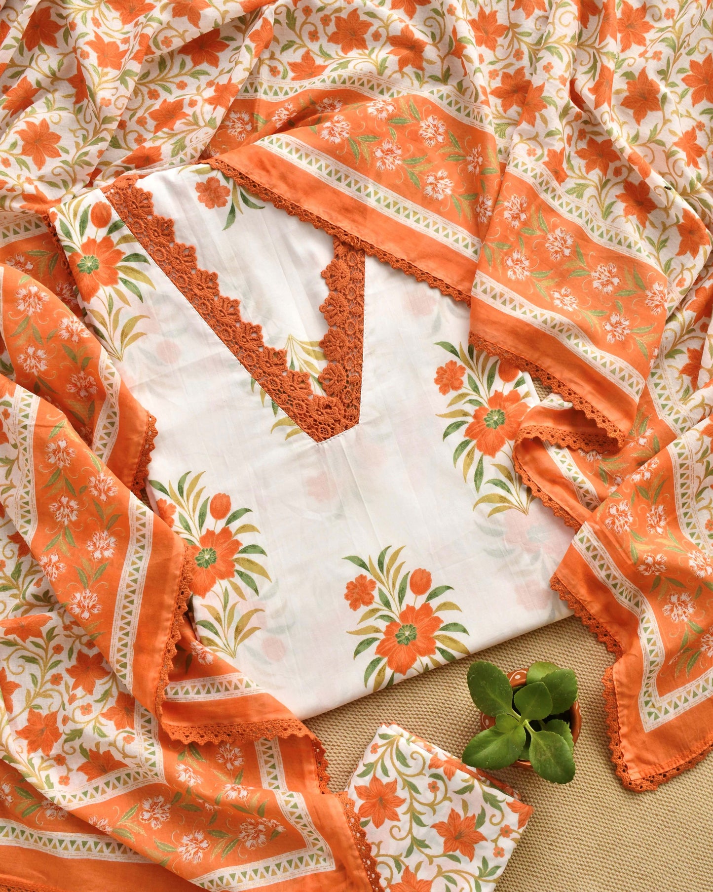 Hand-Block Premium Cotton Unstitched Suit Set with Intricate Crochet Lacework