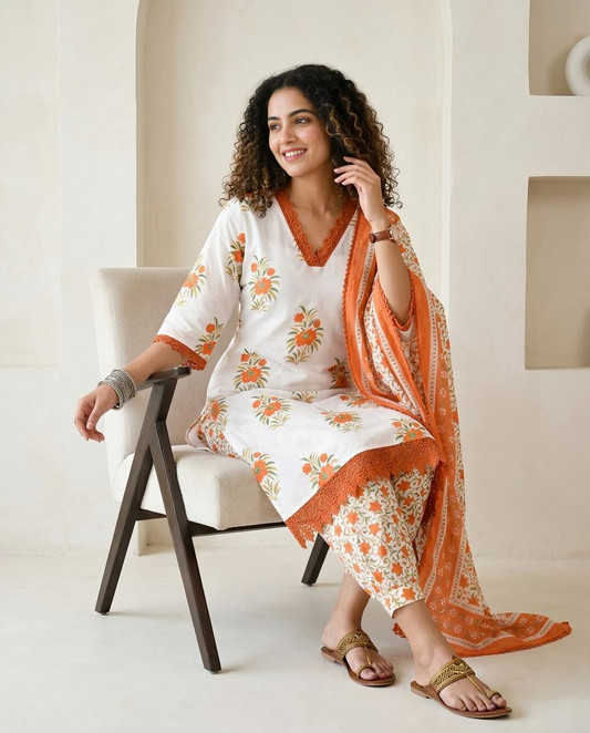 Hand-Block Premium Cotton Unstitched Suit Set with Intricate Crochet Lacework