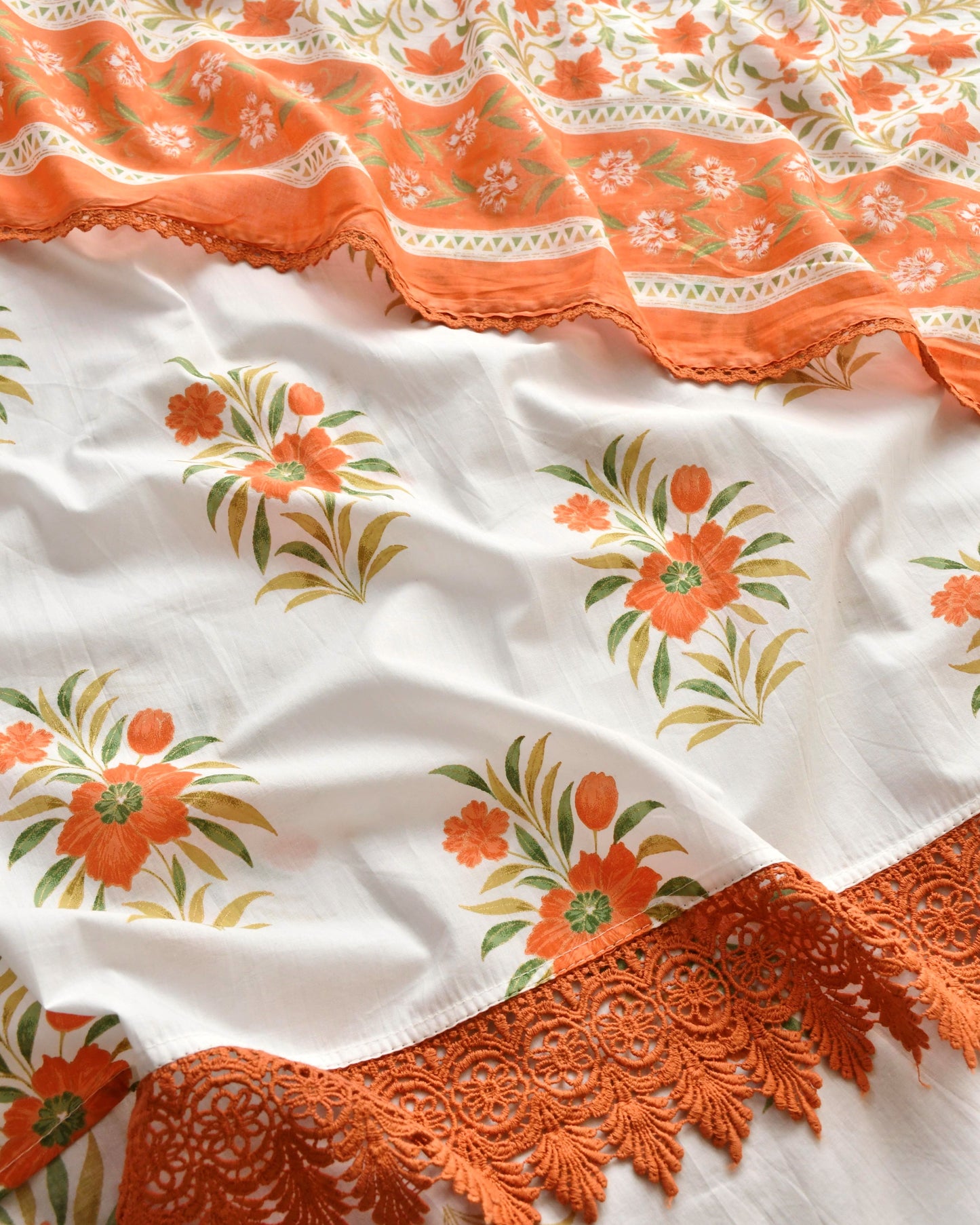 Hand-Block Premium Cotton Unstitched Suit Set with Intricate Crochet Lacework
