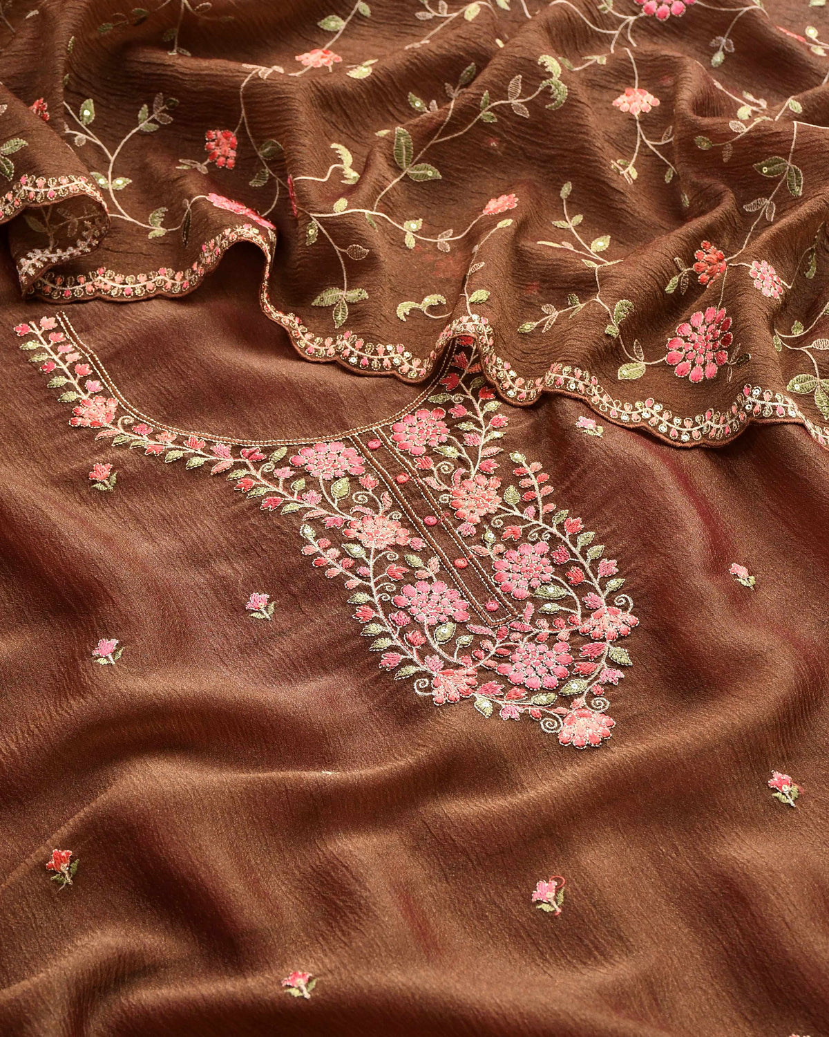 Premium Crushed Tissue Silk Embroidered Unstitched Suit Set with Scalloped Dupatta