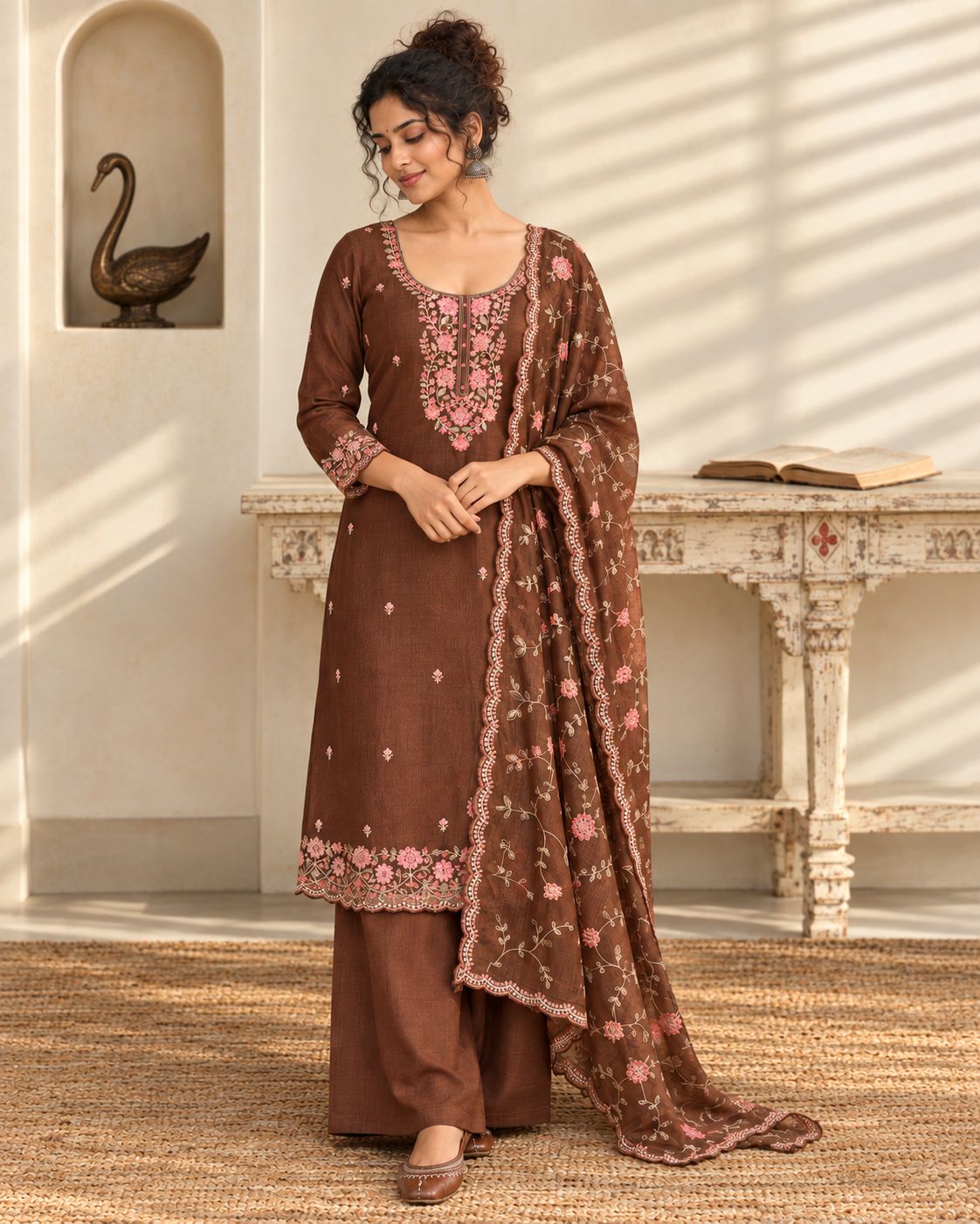 Premium Crushed Tissue Silk Embroidered Unstitched Suit Set with Scalloped Dupatta