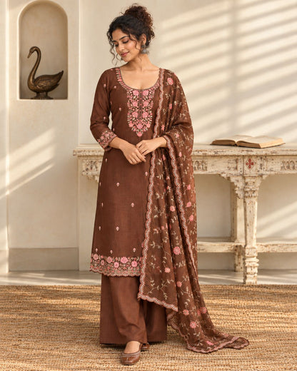 Premium Crushed Tissue Silk Embroidered Unstitched Suit Set with Scalloped Dupatta