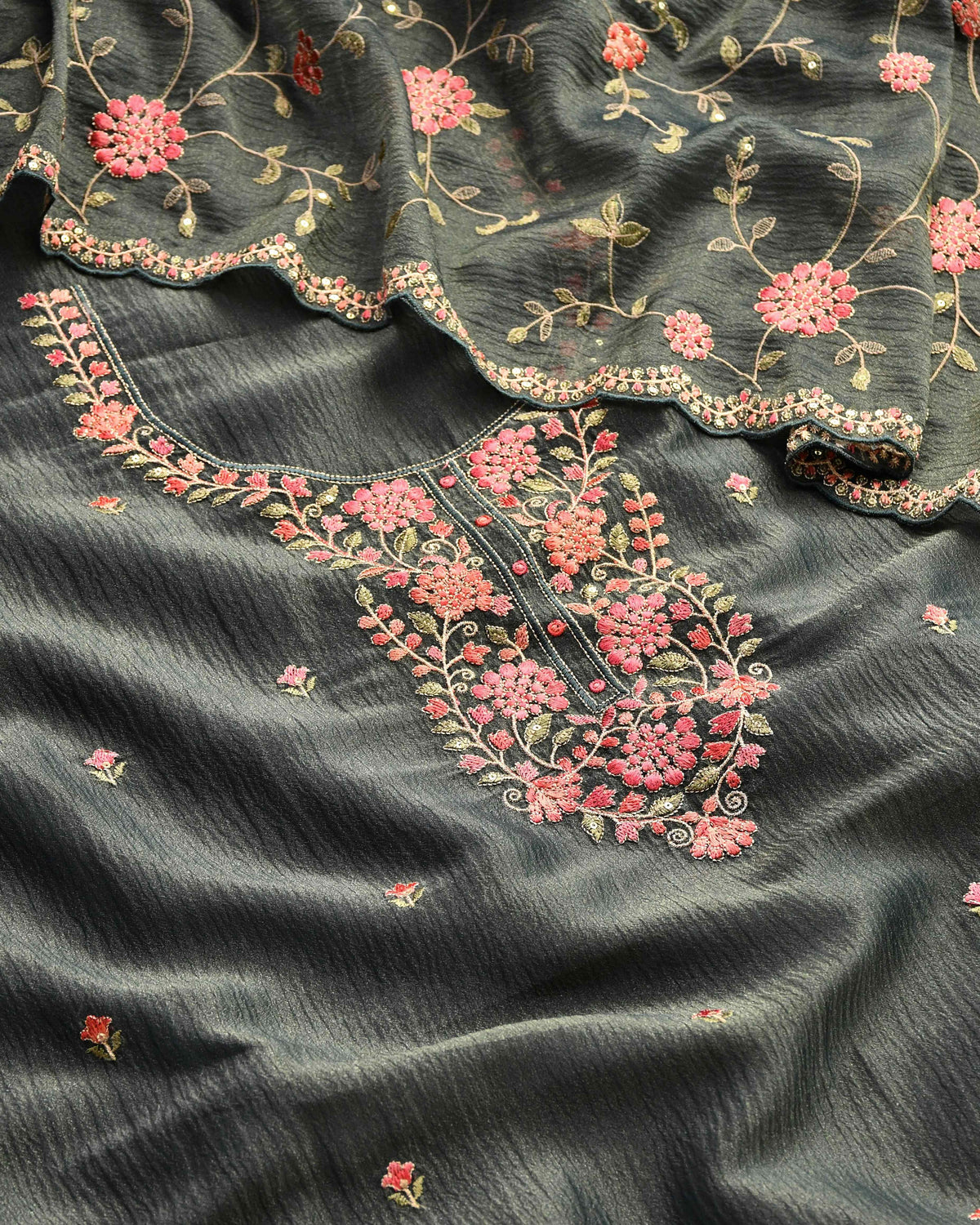 Premium Crushed Tissue Silk Embroidered Unstitched Suit Set with Scalloped Dupatta
