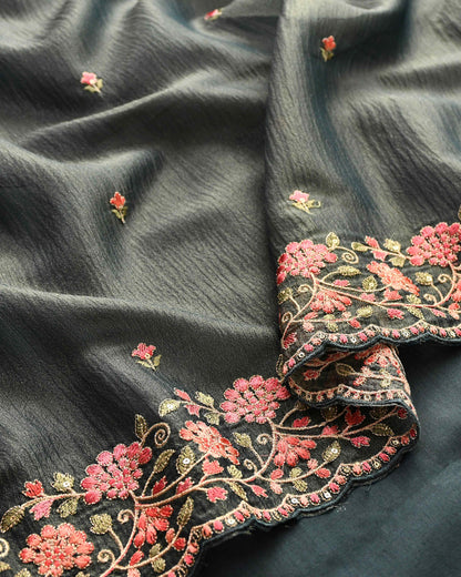Premium Crushed Tissue Silk Embroidered Unstitched Suit Set with Scalloped Dupatta
