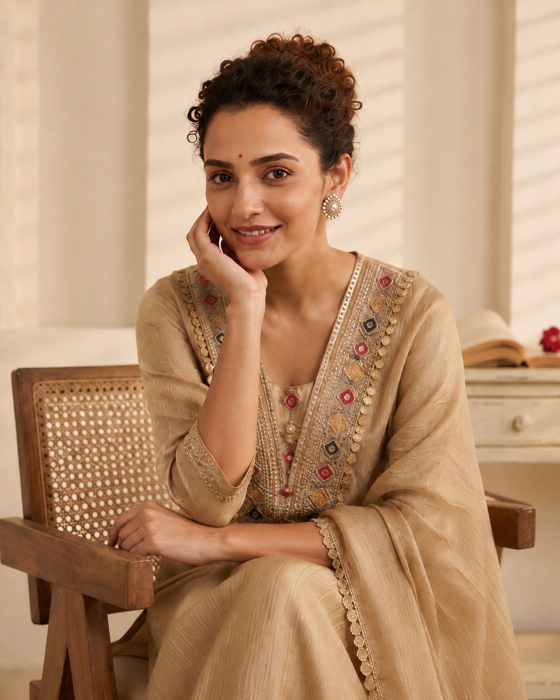 Crushed Tissue Silk Unstitched Suit Set with Embroidered V-Neck Detailing