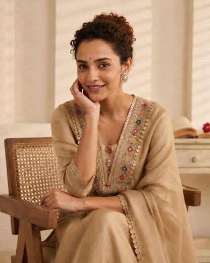 Crushed Tissue Silk Unstitched Suit Set with Embroidered V-Neck Detailing