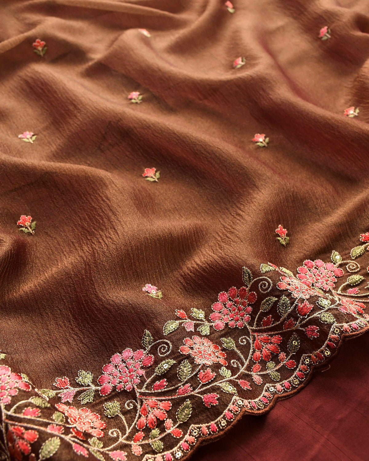 Premium Crushed Tissue Silk Embroidered Unstitched Suit Set with Scalloped Dupatta
