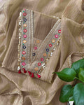 Crushed Tissue Silk Unstitched Suit Set with Embroidered V-Neck Detailing