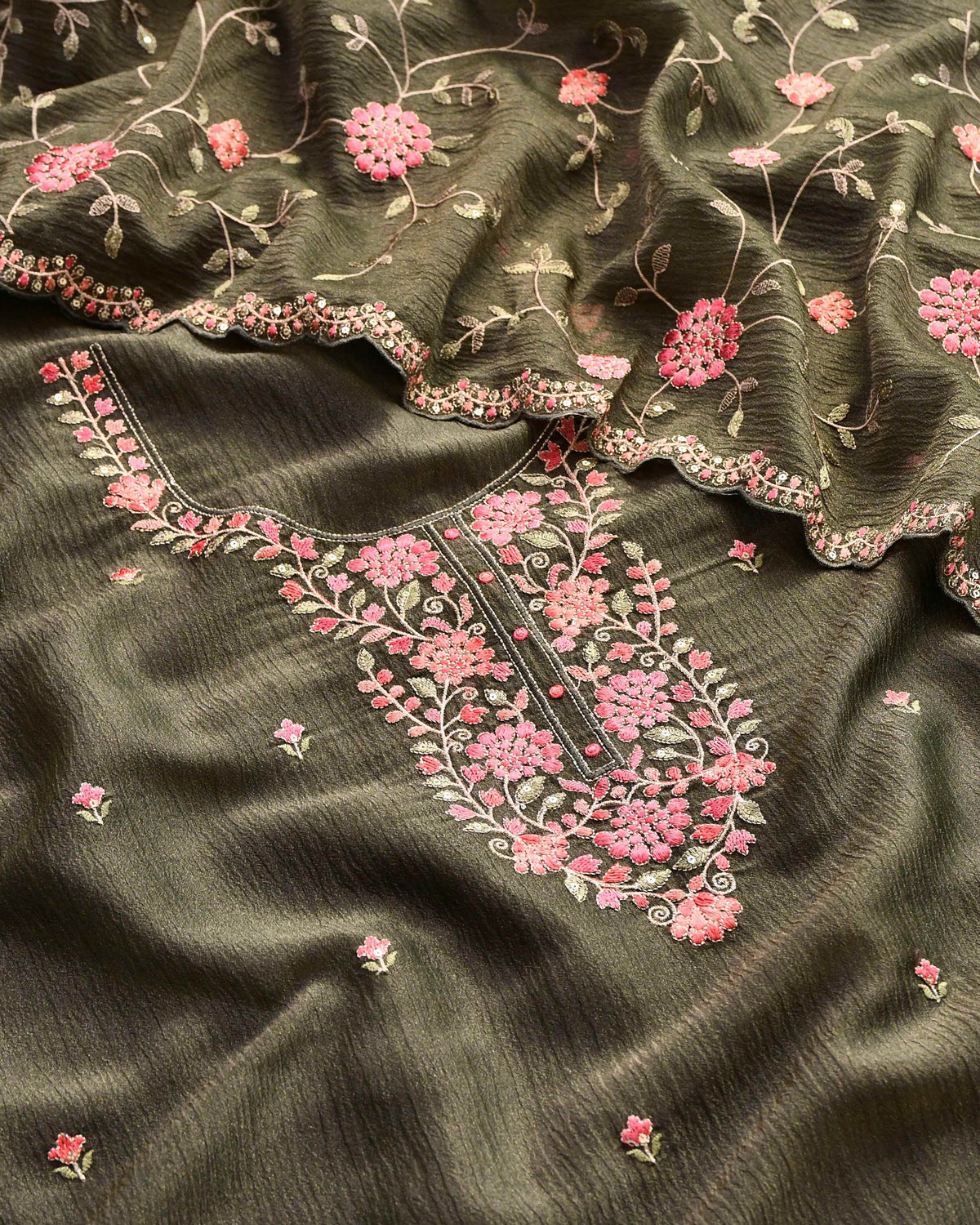 Premium Crushed Tissue Silk Embroidered Unstitched Suit Set with Scalloped Dupatta