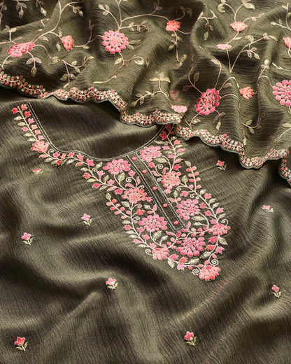 Premium Crushed Tissue Silk Embroidered Unstitched Suit Set with Scalloped Dupatta
