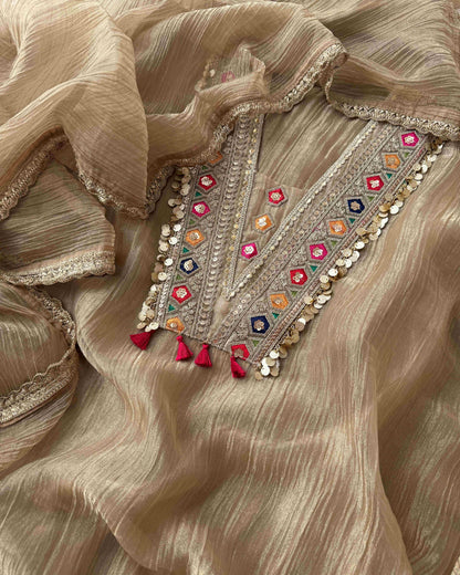 Crushed Tissue Silk Unstitched Suit Set with Embroidered V-Neck Detailing