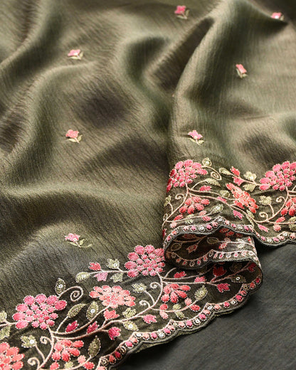 Premium Crushed Tissue Silk Embroidered Unstitched Suit Set with Scalloped Dupatta