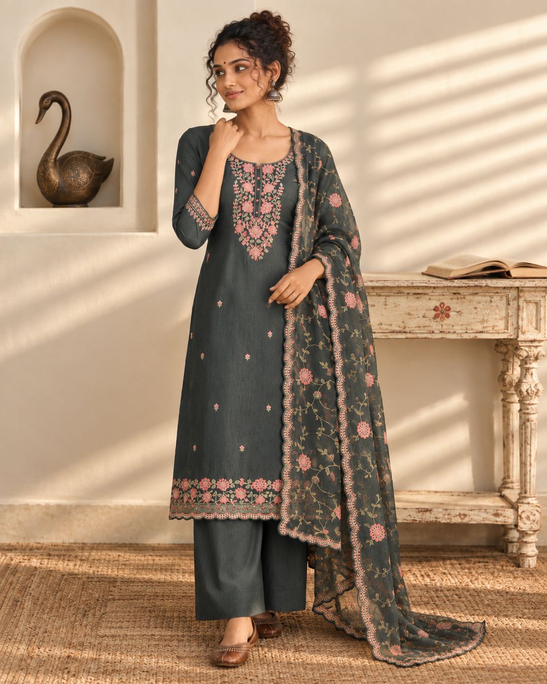 Premium Crushed Tissue Silk Embroidered Unstitched Suit Set with Scalloped Dupatta