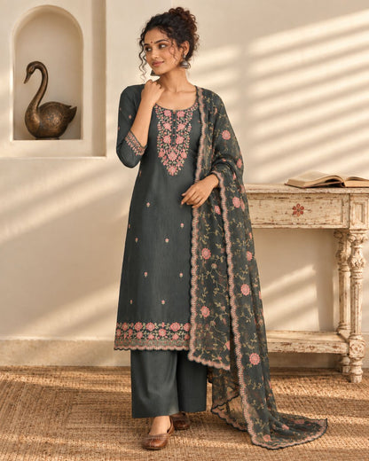 Premium Crushed Tissue Silk Embroidered Unstitched Suit Set with Scalloped Dupatta