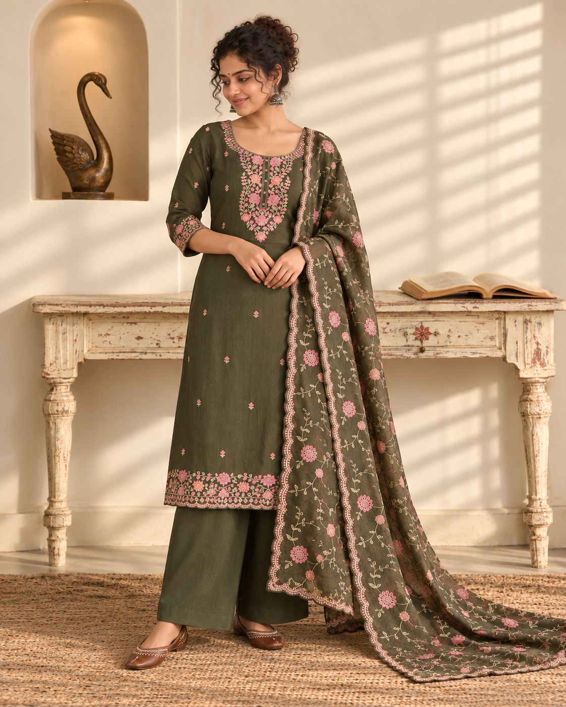Premium Crushed Tissue Silk Embroidered Unstitched Suit Set with Scalloped Dupatta
