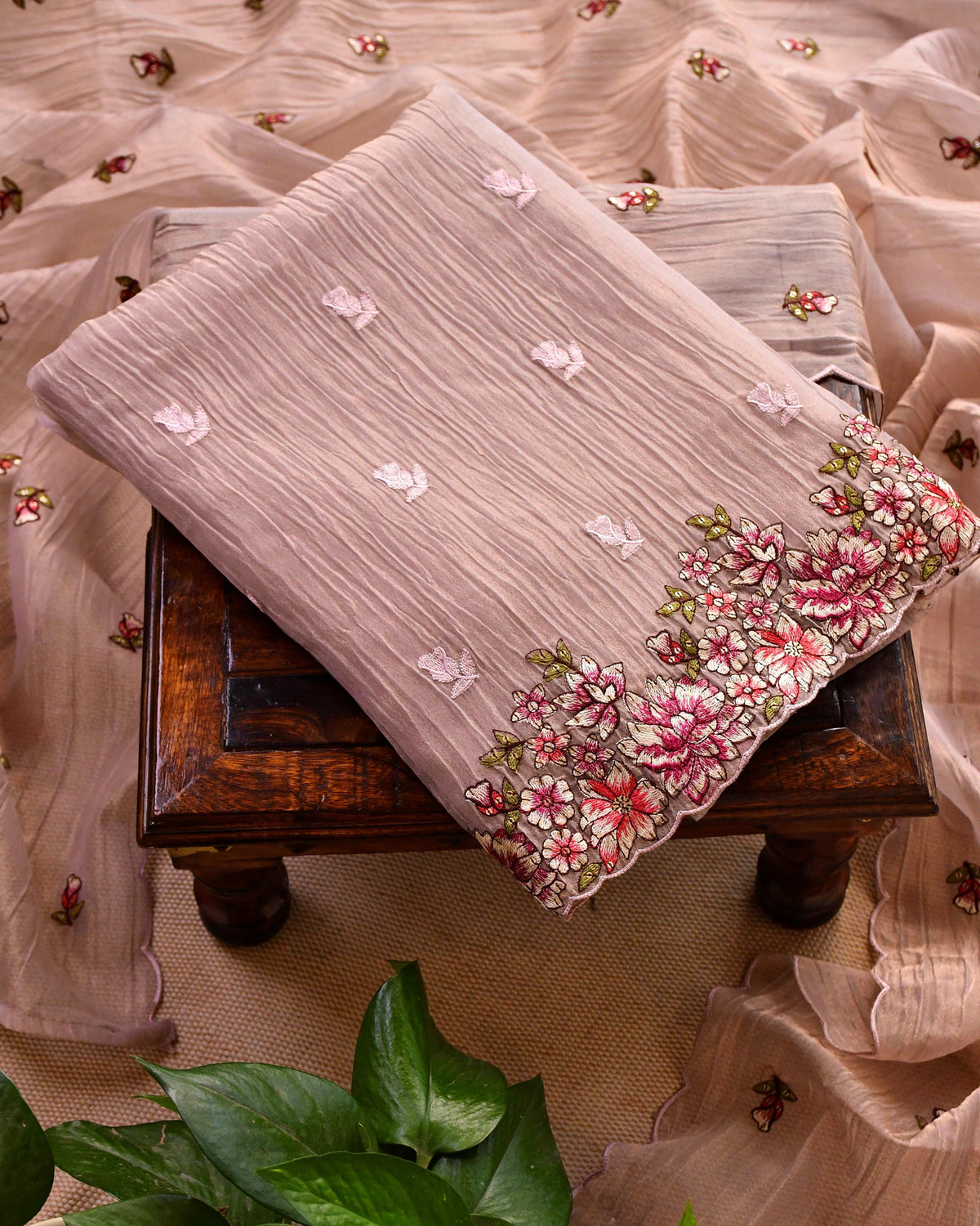 Crushed Tissue Silk Unstitched Suit Material with Floral Embroidery & Scalloped Dupatta