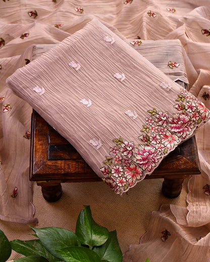 Crushed Tissue Silk Unstitched Suit Material with Floral Embroidery & Scalloped Dupatta
