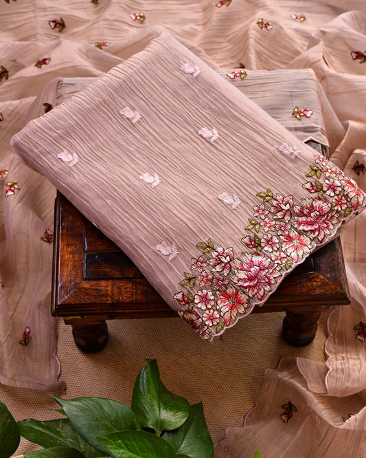 Crushed Tissue Silk Unstitched Suit Material with Floral Embroidery & Scalloped Dupatta