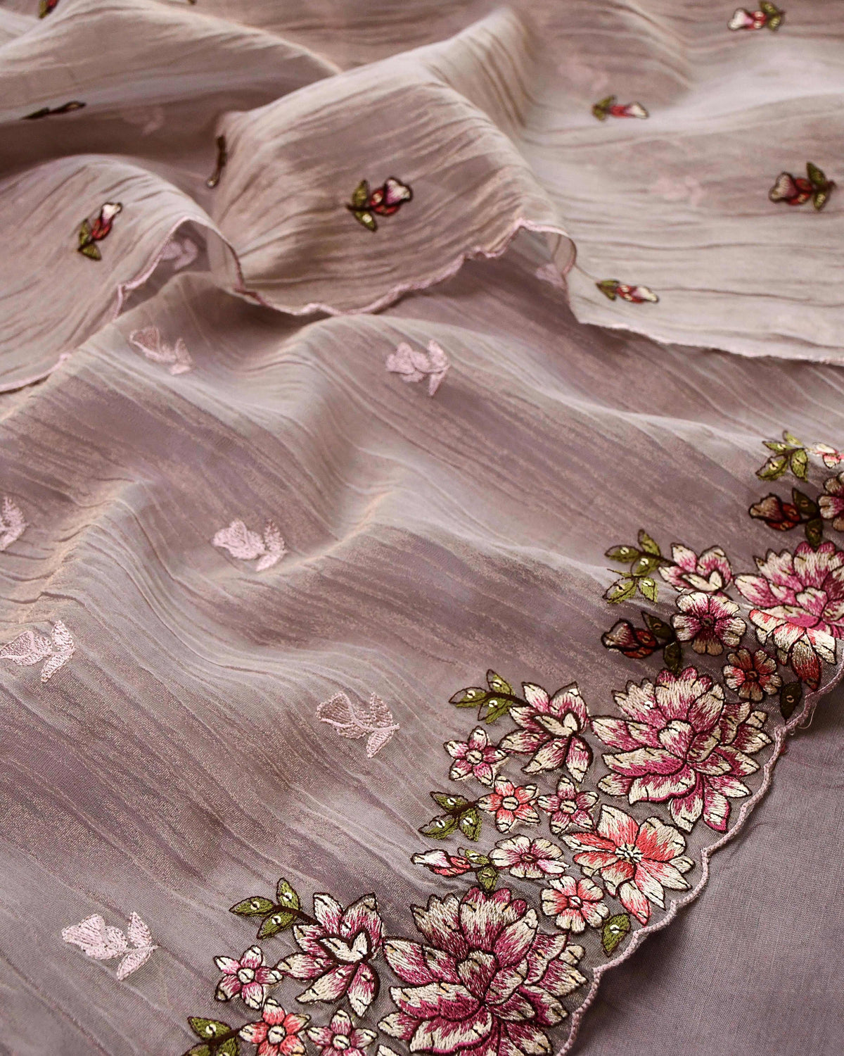 Crushed Tissue Silk Unstitched Suit Material with Floral Embroidery & Scalloped Dupatta