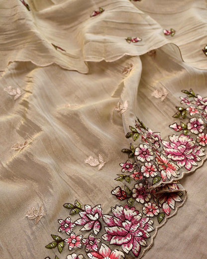 Crushed Tissue Silk Unstitched Suit Material with Floral Embroidery & Scalloped Dupatta