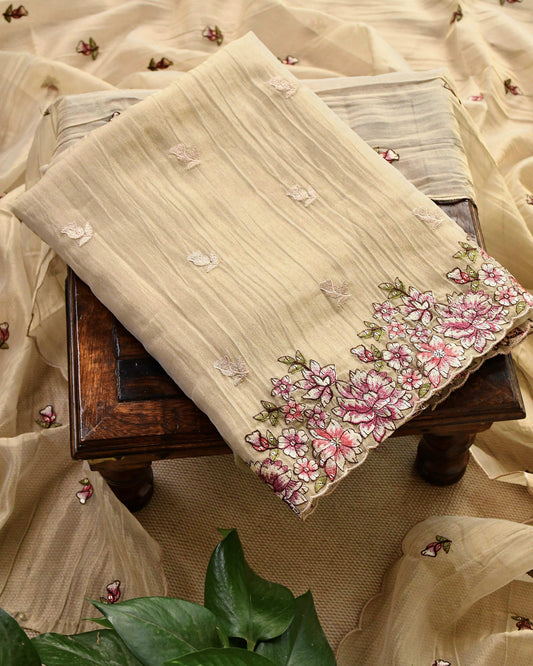 Crushed Tissue Silk Unstitched Suit Material with Floral Embroidery & Scalloped Dupatta