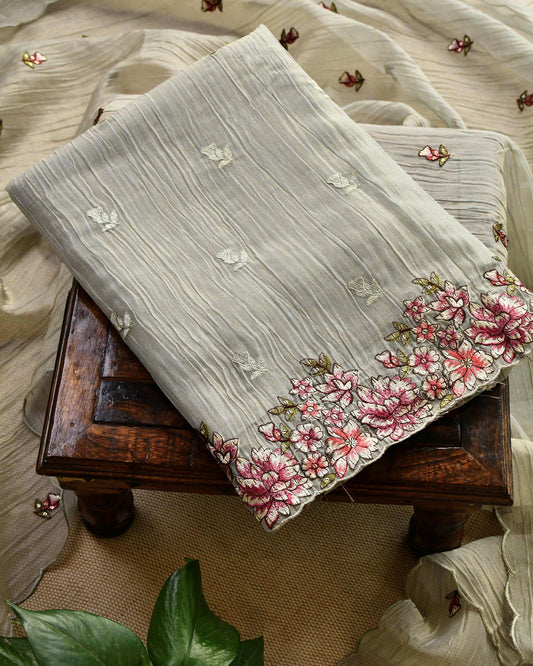 Crushed Tissue Silk Unstitched Suit Material with Floral Embroidery & Scalloped Dupatta