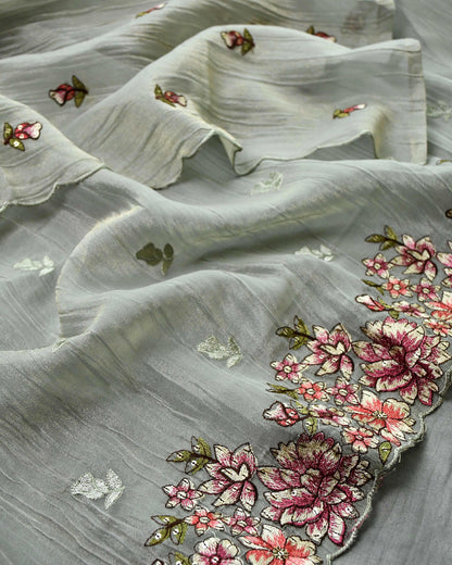 Crushed Tissue Silk Unstitched Suit Material with Floral Embroidery & Scalloped Dupatta