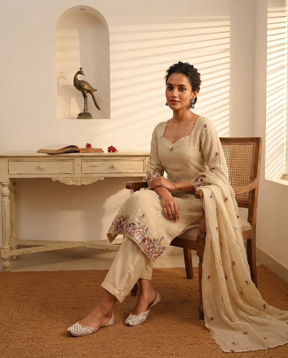 Crushed Tissue Silk Unstitched Suit Material with Floral Embroidery & Scalloped Dupatta