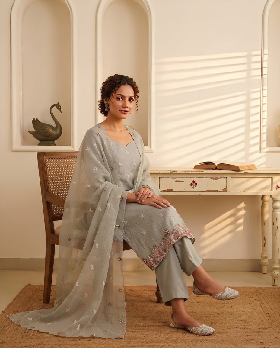 Crushed Tissue Silk Unstitched Suit Material with Floral Embroidery & Scalloped Dupatta