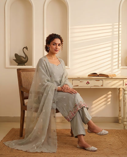 Crushed Tissue Silk Unstitched Suit Material with Floral Embroidery & Scalloped Dupatta
