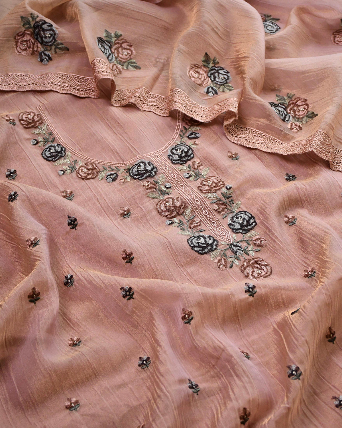 Embroidered Crushed Tissue Silk Unstitched Suit Material