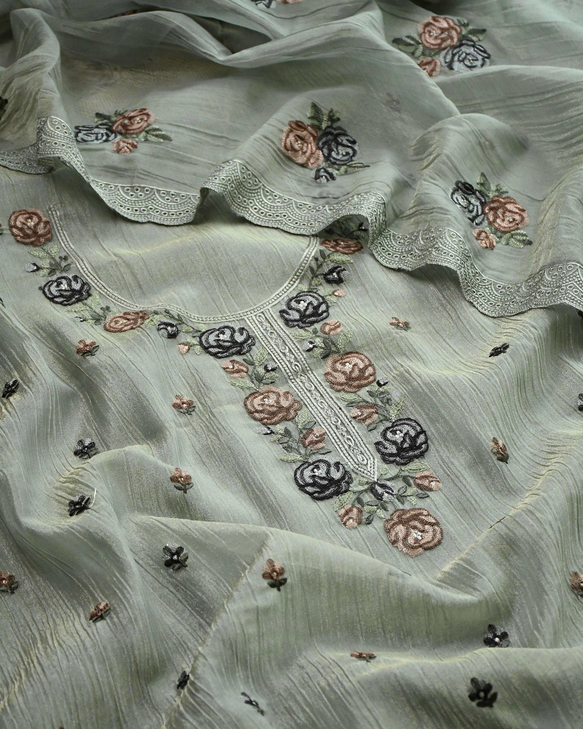 Embroidered Crushed Tissue Silk Unstitched Suit Material