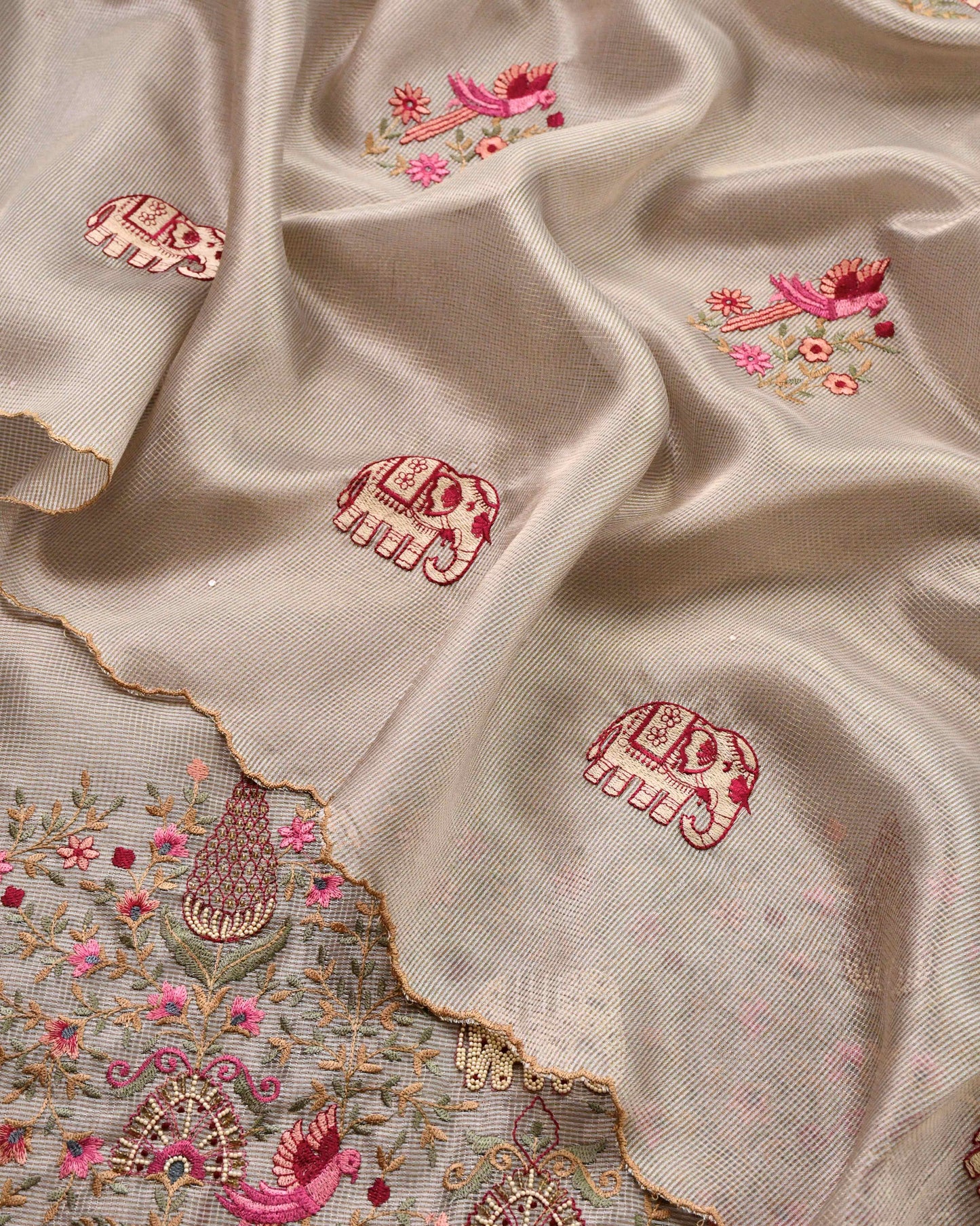 Doria Silk Unstitched Suit with Pearl & Thread Embroidery