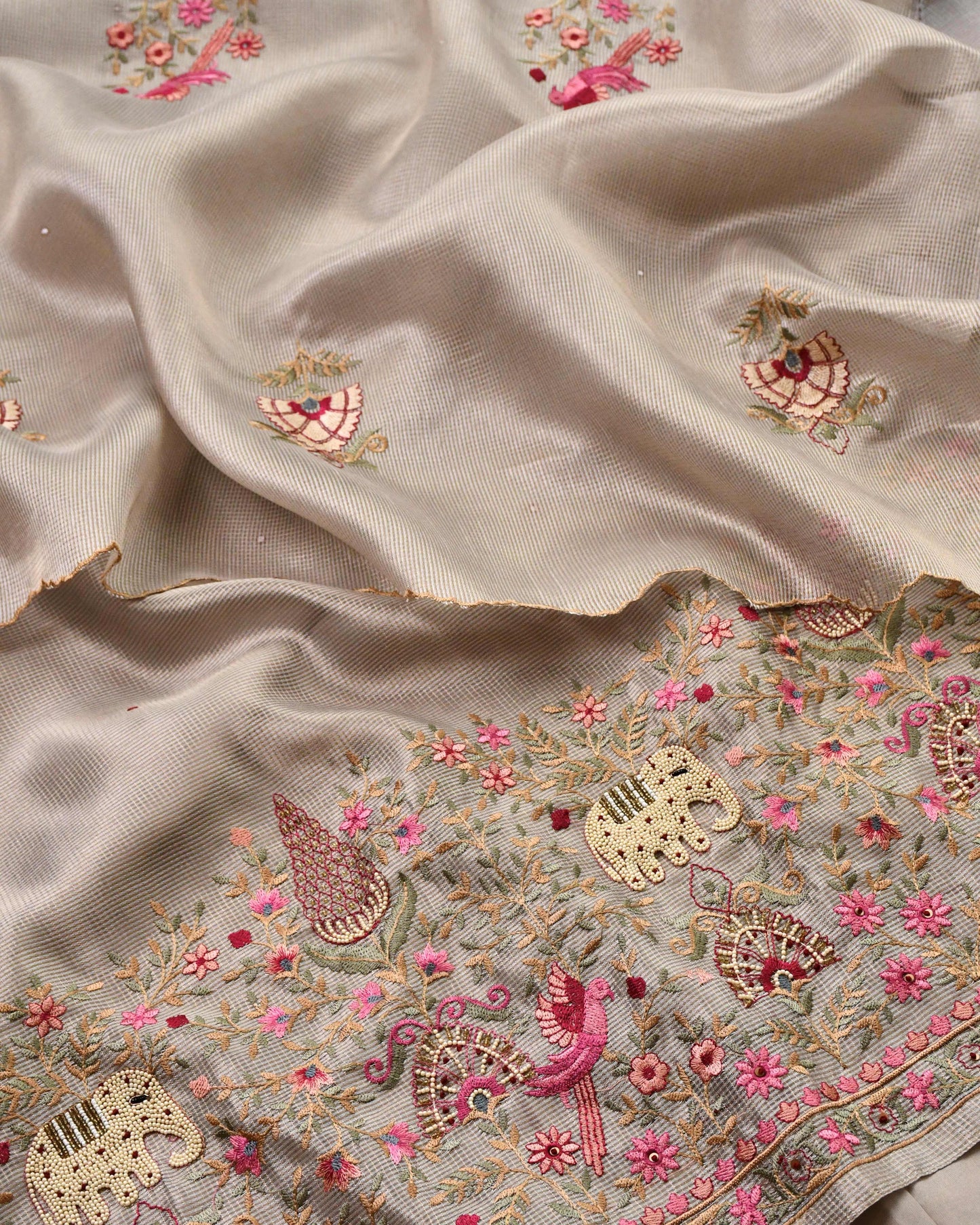 Doria Silk Unstitched Suit with Pearl & Thread Embroidery