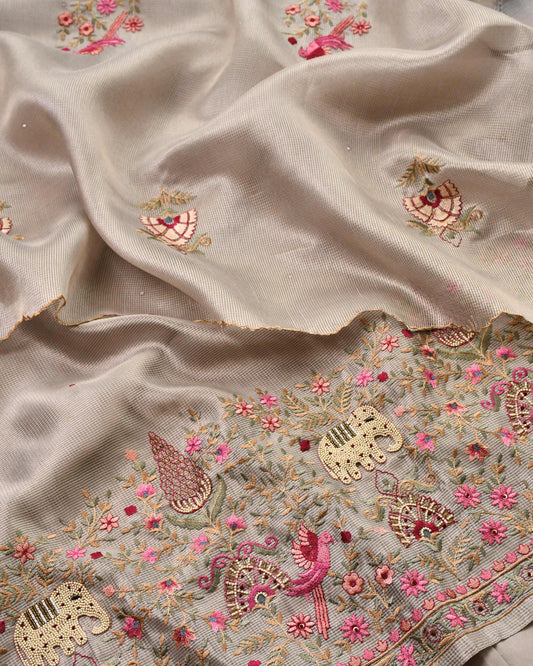 Doria Silk Unstitched Suit with Pearl & Thread Embroidery