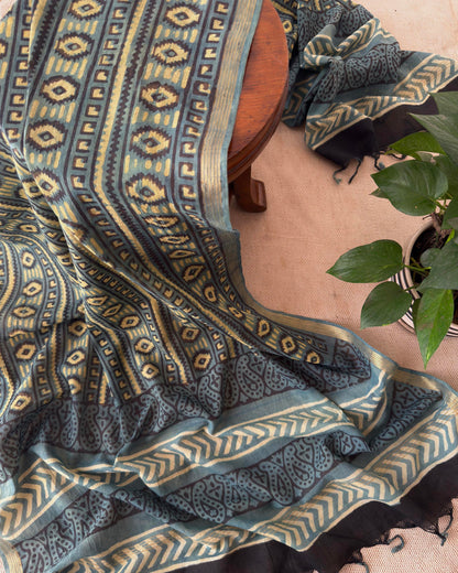 Indigo & Olive Hand-Block Ajrakh Printed Cotton  Dupatta with Zari Border