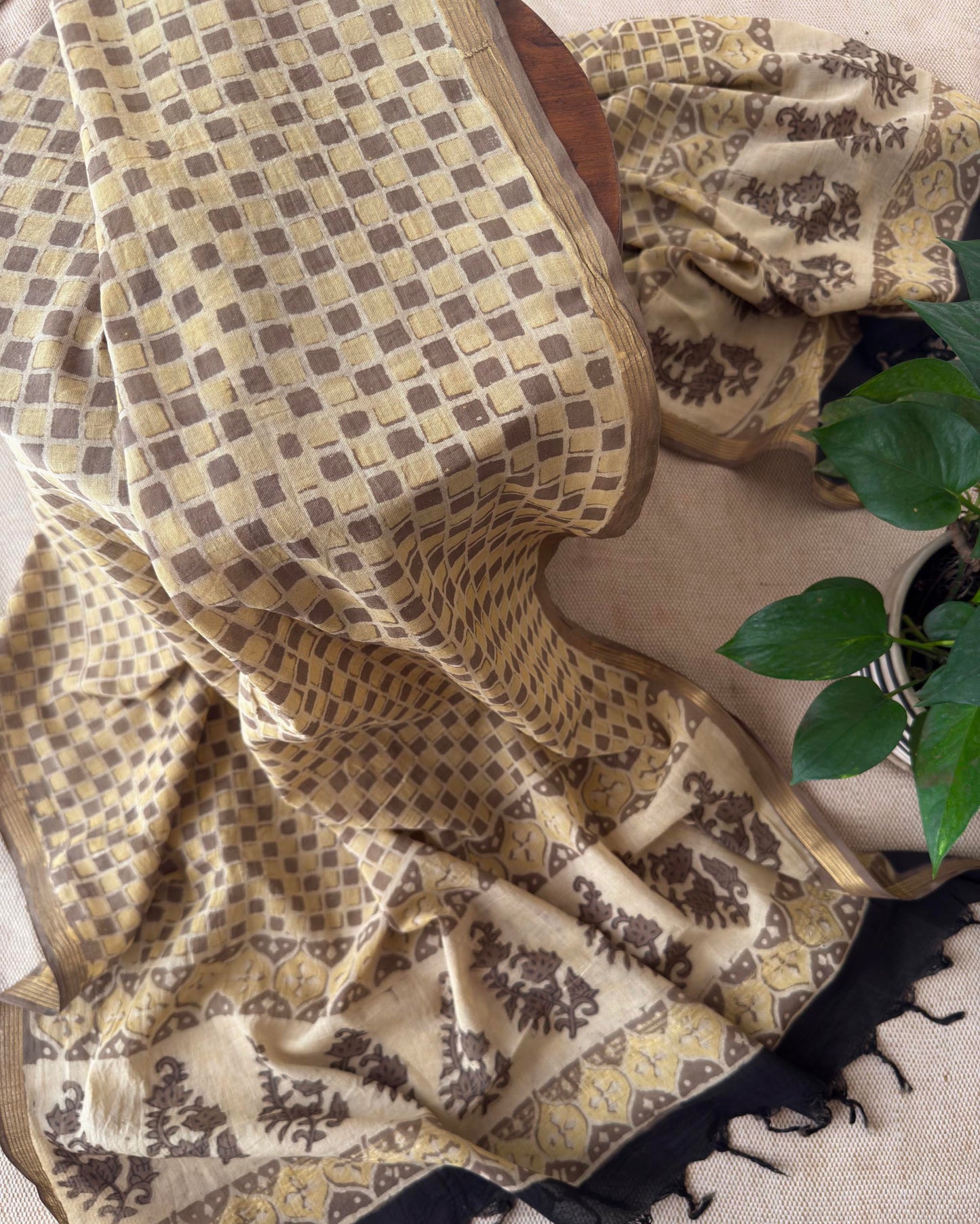 Earthy Hand-Block Printed Cotton  Dupatta with Geometric & Floral Motifs