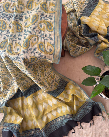 Hand-Block Cotton  Dupatta – Olive Green & Mustard Paisley Wrap with Geometric Border