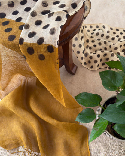 Hand-Block  Mustard & Cream Linen Stole – Dual-Tone Polka Dot Summer Stole with Tassels