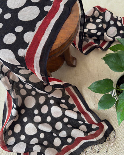 Hand-Block Printed Pure Linen Stole - Black & Beige Polka Dot with Madder Red Border