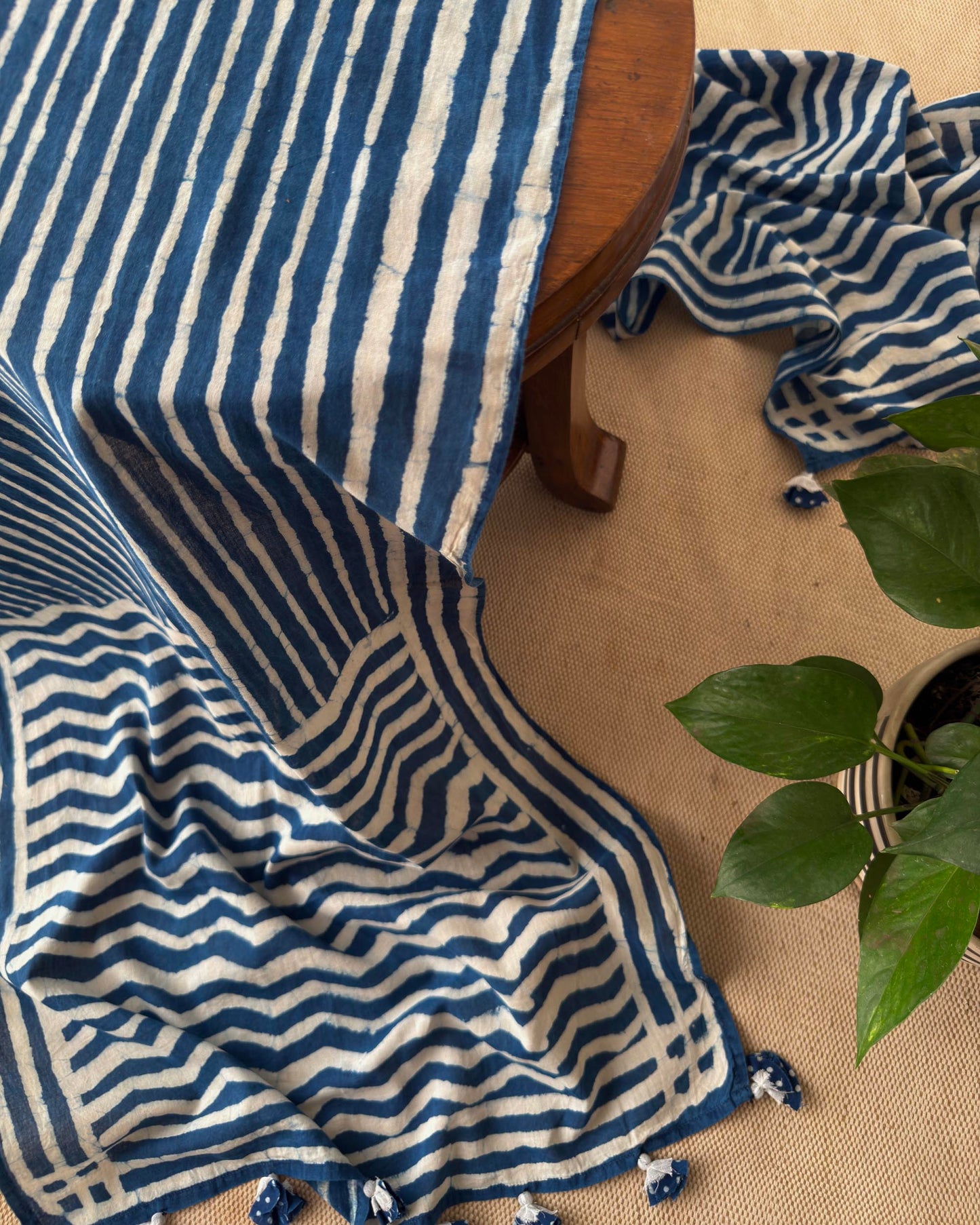 Indigo Blue Hand Block Printed Cotton Stole - Artisan Dabu Print Scarf with Tassels