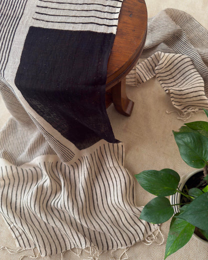 Hand-Block Printed Pure Linen Stole | Monochrome Geometric Stripes & Block Wrap
