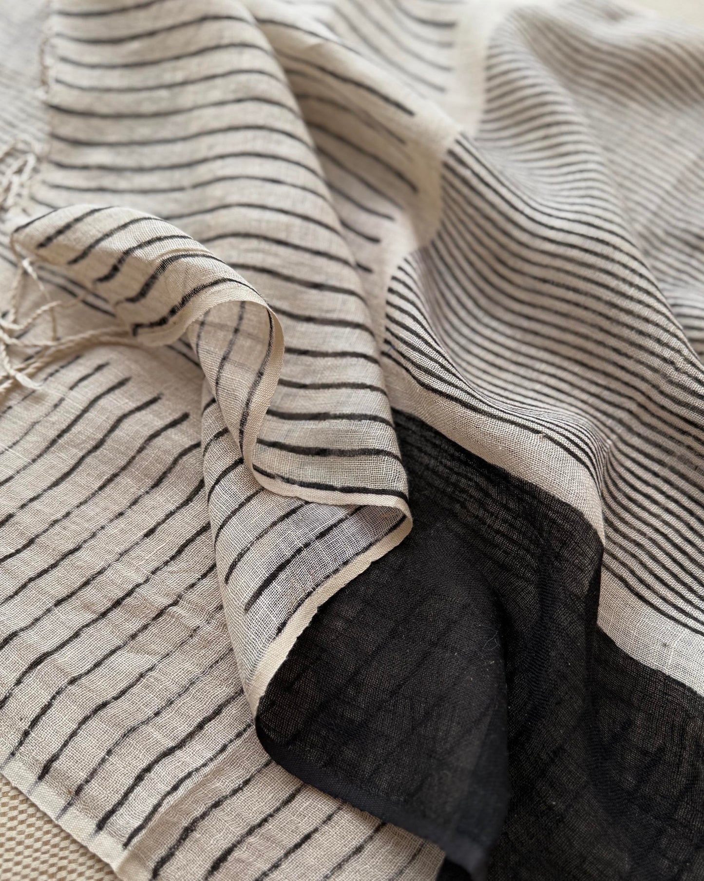 Hand-Block Printed Pure Linen Stole | Monochrome Geometric Stripes & Block Wrap