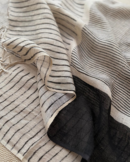 Hand-Block Printed Pure Linen Stole | Monochrome Geometric Stripes & Block Wrap