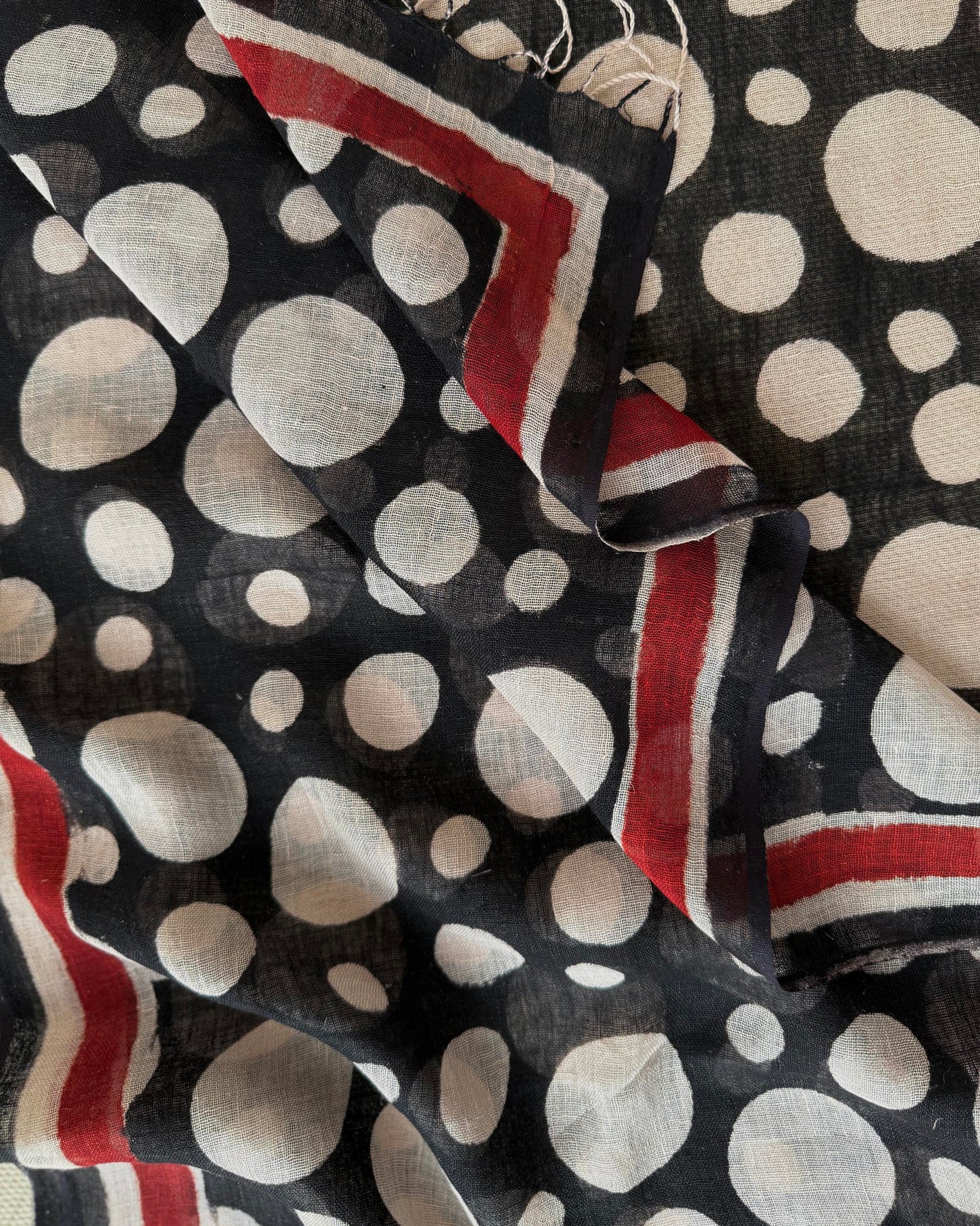 Hand-Block Printed Pure Linen Stole - Black & Beige Polka Dot with Madder Red Border